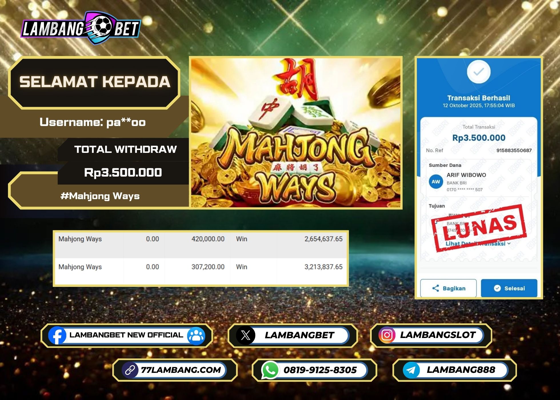LAMBANGBET [12 OKTOBER 2025] JACKPOT SLOT Mahjong Ways "Rp3.500.000" LUNAS